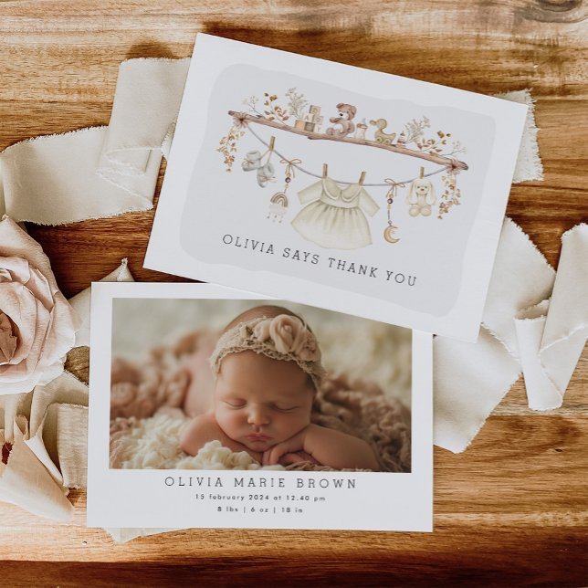 Soft Boho Baby Girl Clothes Nursery Photo Thank You Card (Creator Uploaded)