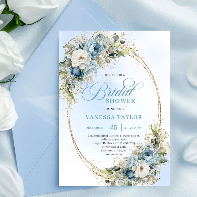 Soft Boho Dusty Blue Floral Greenery Bridal Shower Invitation (Soft Dusty Blue Floral Greenery Bridal Shower Invitation)