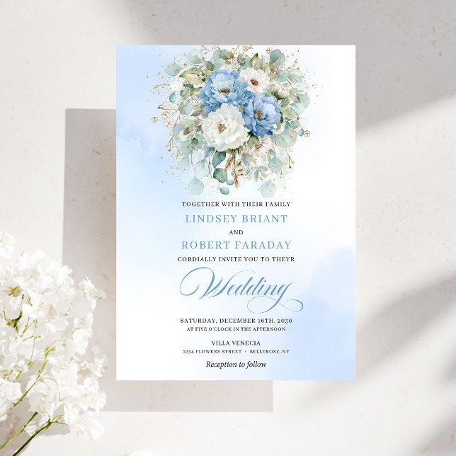 Soft Boho Dusty Blue White Peony Greenery Wedding Invitation (Soft Boho Dusty Blue White Peony Greenery Wedding)