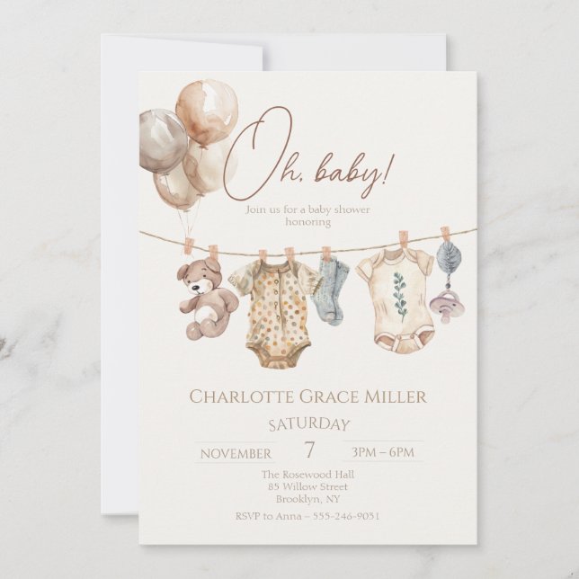 Soft Boho Neutral Baby Clothes Baby Shower Invitation (Front)