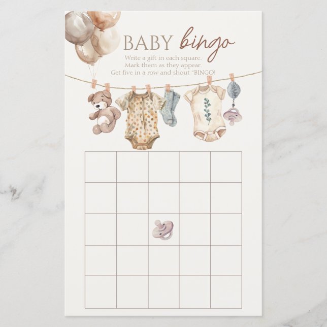 Soft Boho Neutral Baby Clothes Bingo Game (Front)