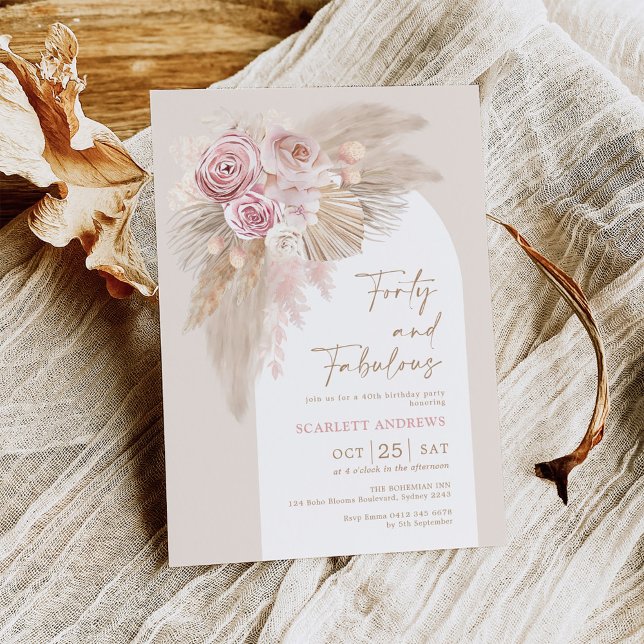 Soft Boho Pampas Grass Dried Flower 40th Birthday Invitation (Creator Uploaded)