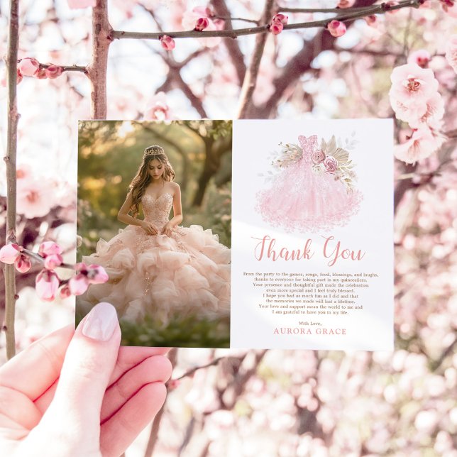 Soft Boho Pink Quinceañera Dress Photo Thank You Card (Creator Uploaded)