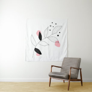 Soft Botanica – Minimalist Leaf Line Art with Pink Tapestry