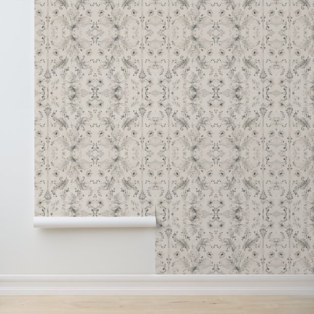 Soft Botanical Damask Wallpaper - Grey Watercolor (Application)