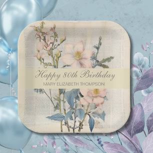 Soft Botanical Vintaqe Wildflower 80th Birthday Paper Plate