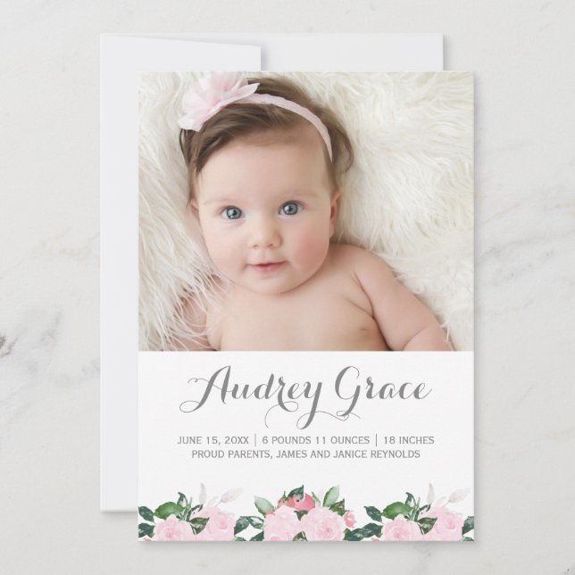 Soft Botanicals Pink | Birth Announcement (Front)