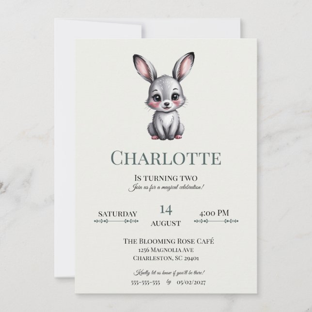Soft Bunny Neutral Minimalist Woodland Birthday  Invitation (Front)