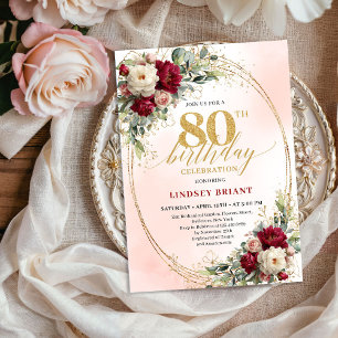 Soft Burgundy Floral Gold 80th Birthday Invitation