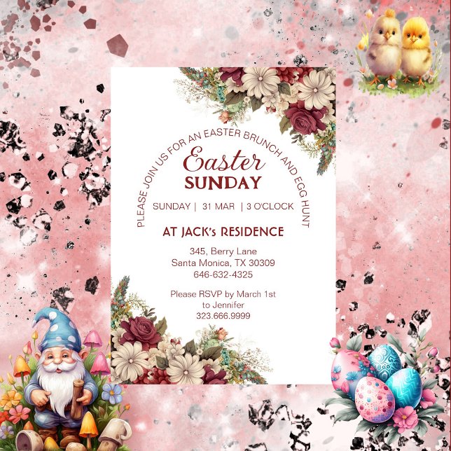 Soft Burgundy Rustic Roses Floral Easter Sunday  Invitation (Soft Burgundy Rustic Roses Floral Easter Sunday Invitation)