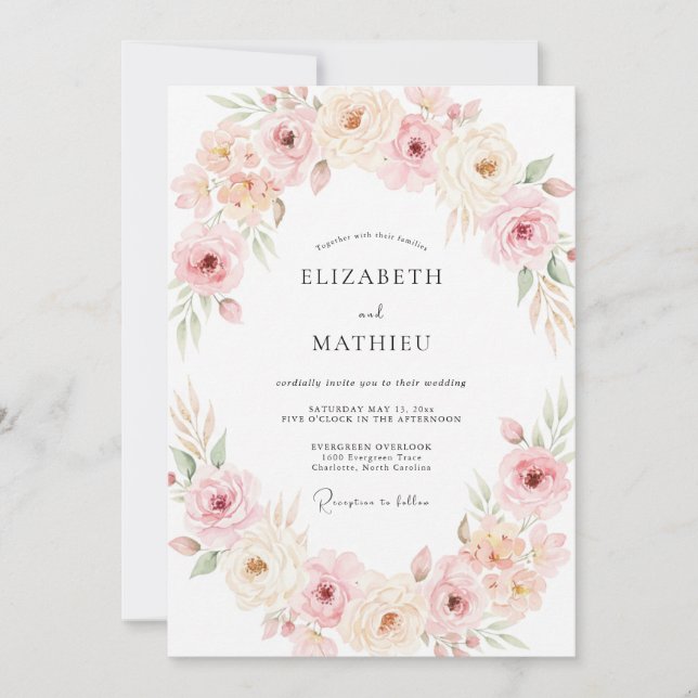 Soft Champagne Apricot Peony Wedding Invitation (Front)