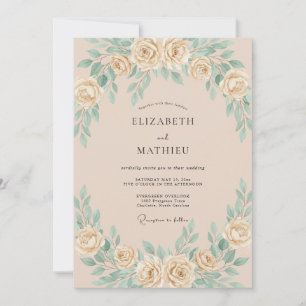 Soft Champagne Mint Leafy Wedding Invitation
