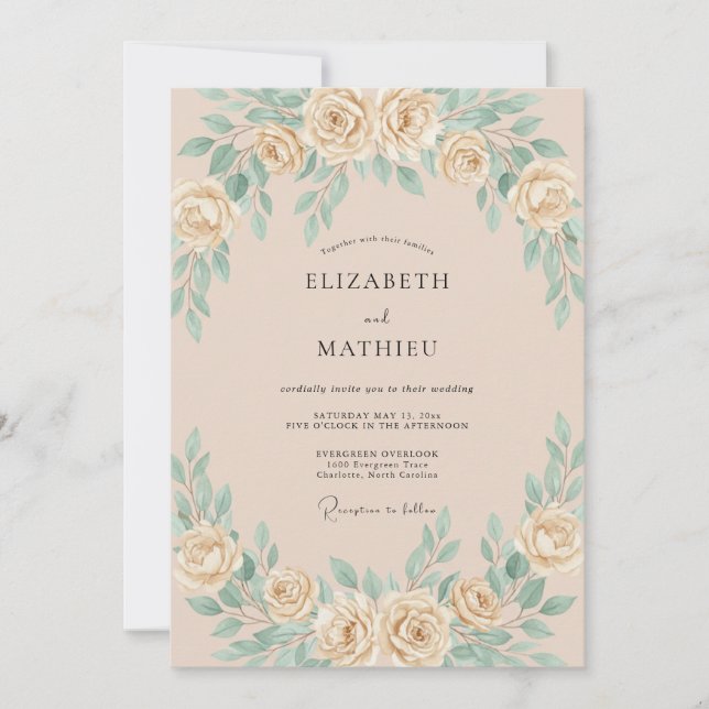 Soft Champagne Mint Leafy Wedding Invitation (Front)