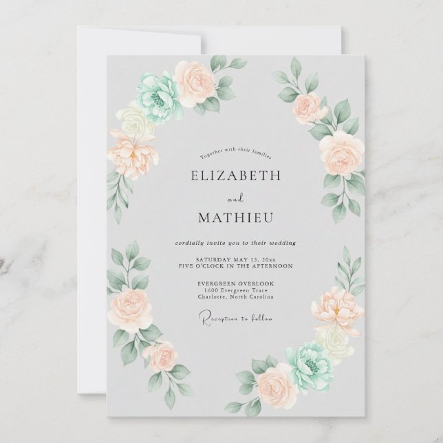 Soft Champagne Mint Wreath Wedding Invitation (Front)