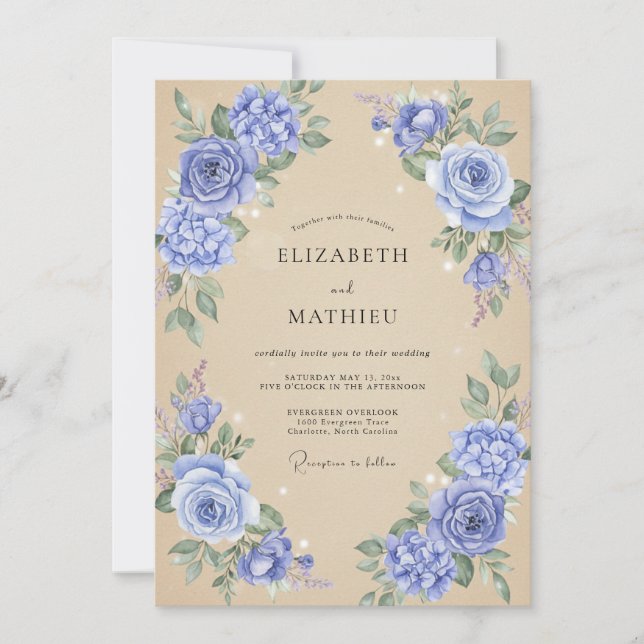 Soft Champagne Periwinkle Peony Wedding Invitation (Front)