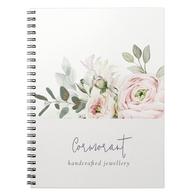 Soft Chic Blush Pink Peony Leafy Botanical Floral Notebook (Front)