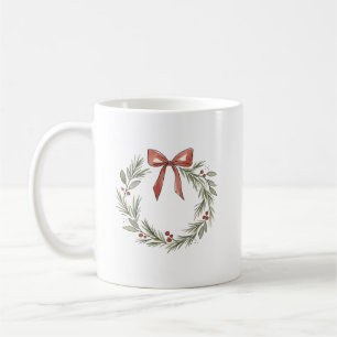 Soft Christmas Wreath with Pink Bow Watercolor Coffee Mug