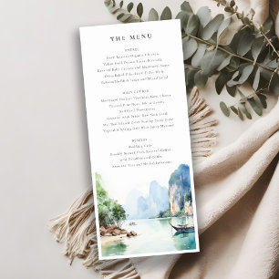 Soft Coastal Thailand Seascape Wedding Menu Card