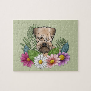 Soft-Coated Wheaten Terrier Colourful Flowers Gree Jigsaw Puzzle