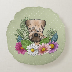 Soft-Coated Wheaten Terrier Colourful Flowers Gree Round Cushion