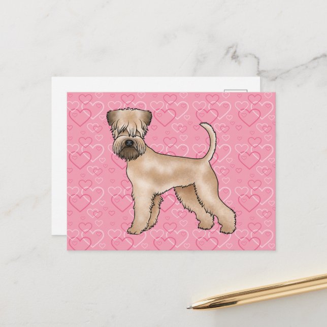 Soft-Coated Wheaten Terrier Dog Heart Pattern Pink Postcard (Front/Back In Situ)