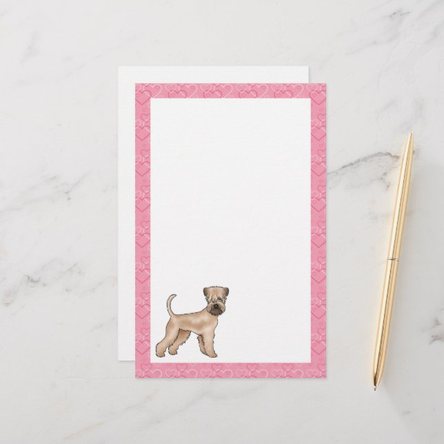 Soft-Coated Wheaten Terrier Dog Heart Pattern Pink Stationery (Front/Back In Situ)