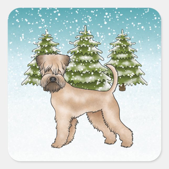 Soft-Coated Wheaten Terrier Snowy Winter Forest Square Sticker (Front)
