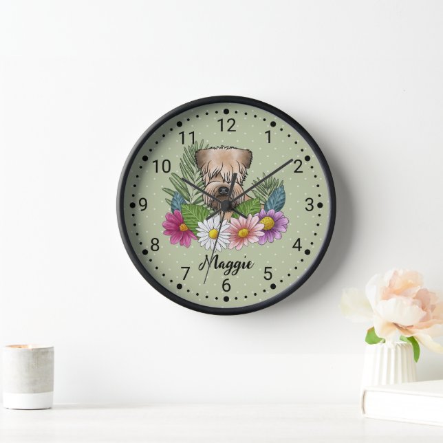 Soft-Coated Wheaten Terrier With Flowers And Name Clock (Home)