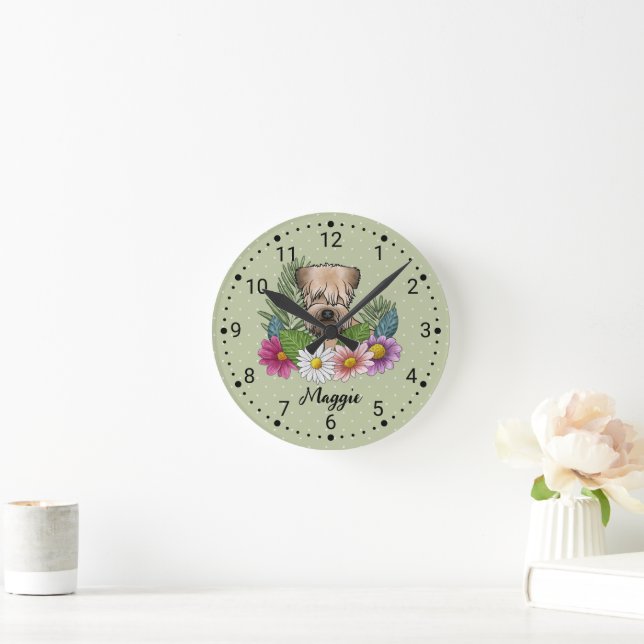 Soft-Coated Wheaten Terrier With Flowers And Name Round Clock (Home)