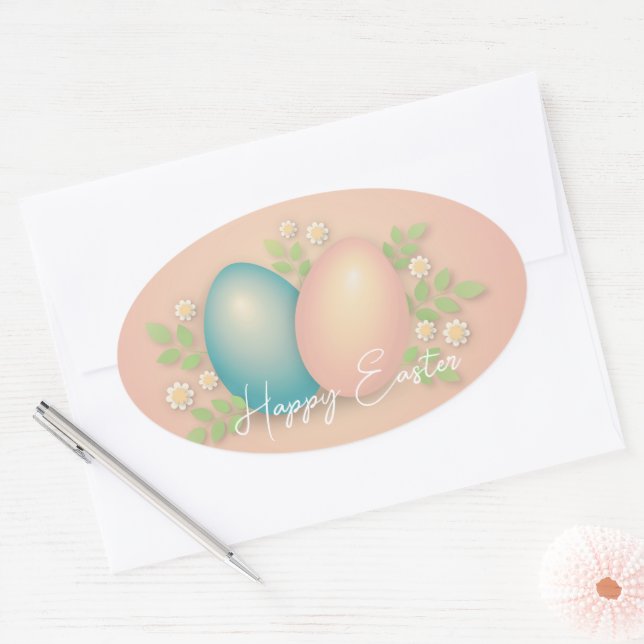 Soft colours easter egg and spring daisy flowers oval sticker (Envelope)