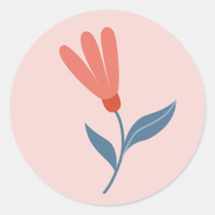 Soft Coral Blooms and Blue Leaves Pattern Classic Round Sticker