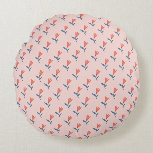 Soft Coral Blooms and Blue Leaves Pattern Round Cushion (Front)