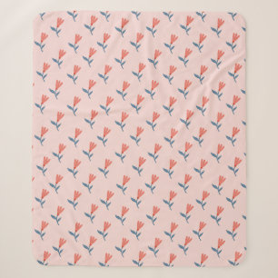 Soft Coral Blooms and Blue Leaves Pattern Sherpa Blanket