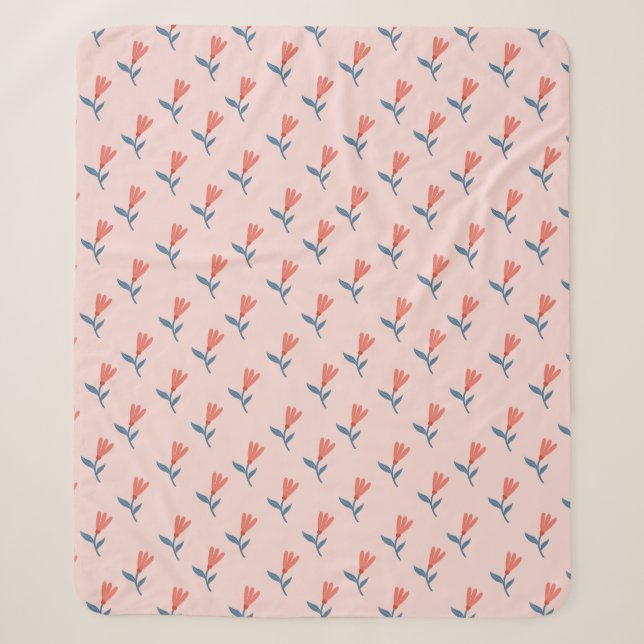 Soft Coral Blooms and Blue Leaves Pattern Sherpa Blanket (Front)