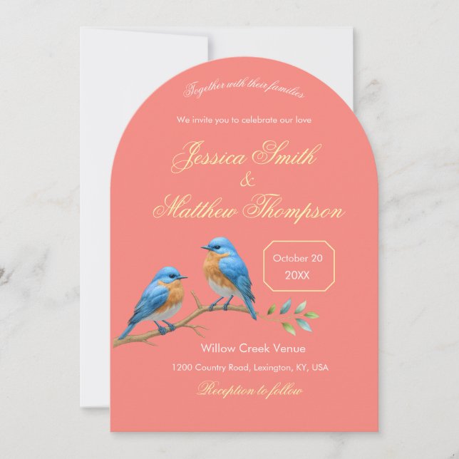 Soft Coral Bluebirds and Golden Script Wedding Invitation (Front)