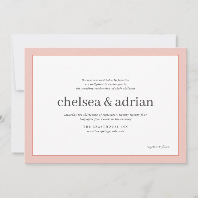 Soft Coral Border Simple Wedding Invitation (Front)