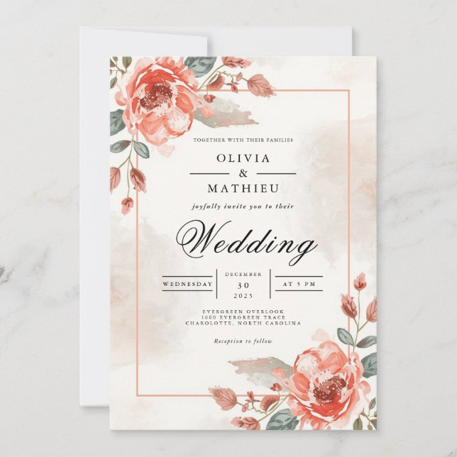Soft Coral Floral Archway Wedding Invitation (Front)