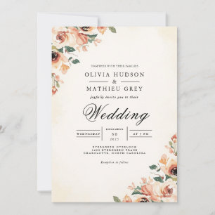 Soft Coral Floral Corner Wedding Invitation