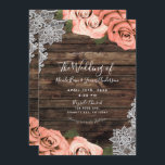 Soft Coral Floral Roses Rustic Wood Lace Wedding Invitation<br><div class="desc">Customise any way you want.</div>