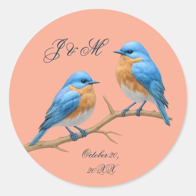 Soft Coral Lovebirds Romantic Bluebirds Wedding Classic Round Sticker (Front)