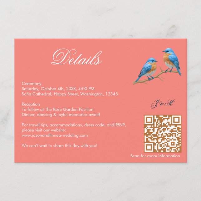  Soft Coral Lovebirds Romantic Bluebirds Wedding Enclosure Card (Front)