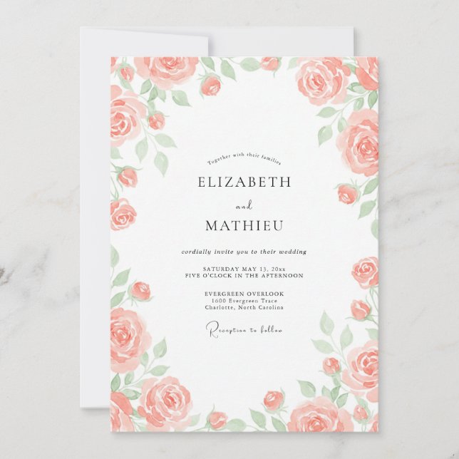 Soft Coral Painted Ranunculus Wedding Invitation (Front)