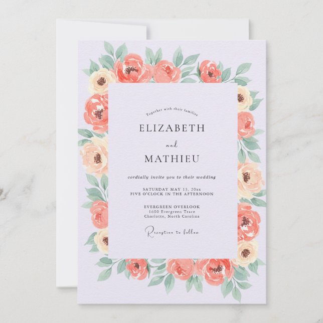 Soft Coral Ranunculus Painted Wedding Invitation (Front)