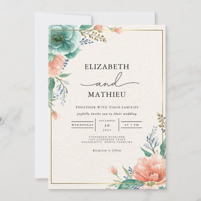 Soft Coral Teal Floral Wedding Invitation (Front)