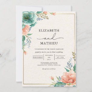 Soft Coral Teal Floral Wedding Invitation
