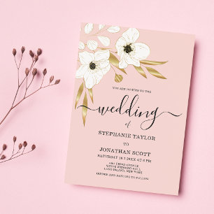 Soft coral white luxury gold floral wedding invitation