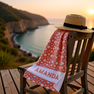 Soft Coral White Polka Dot Personalised Name  Beach Towel