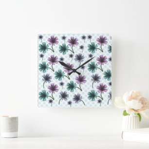 Soft Cottagecore Floral Pattern   Pastel Aesthetic Square Wall Clock