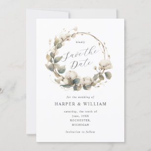 soft cotton & eucalyptus boho wreath save the date invitation