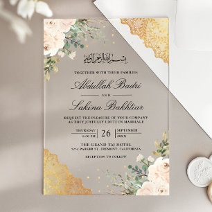 Soft Cream Roses Gold Lace Muslim Wedding Acrylic Invitations